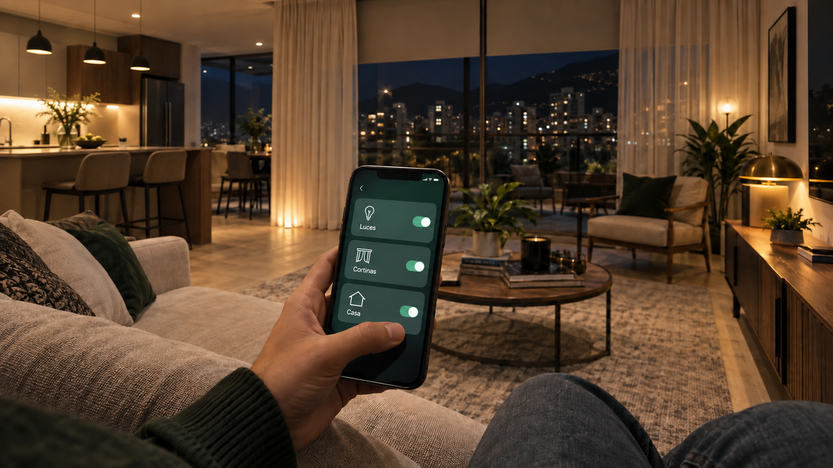Persona controlando la iluminación y las cortinas de una sala desde el celular