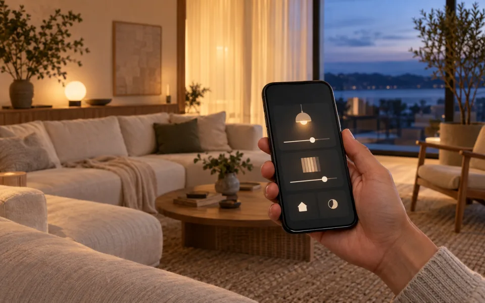 Persona controlando la iluminación y las cortinas de una sala desde un celular