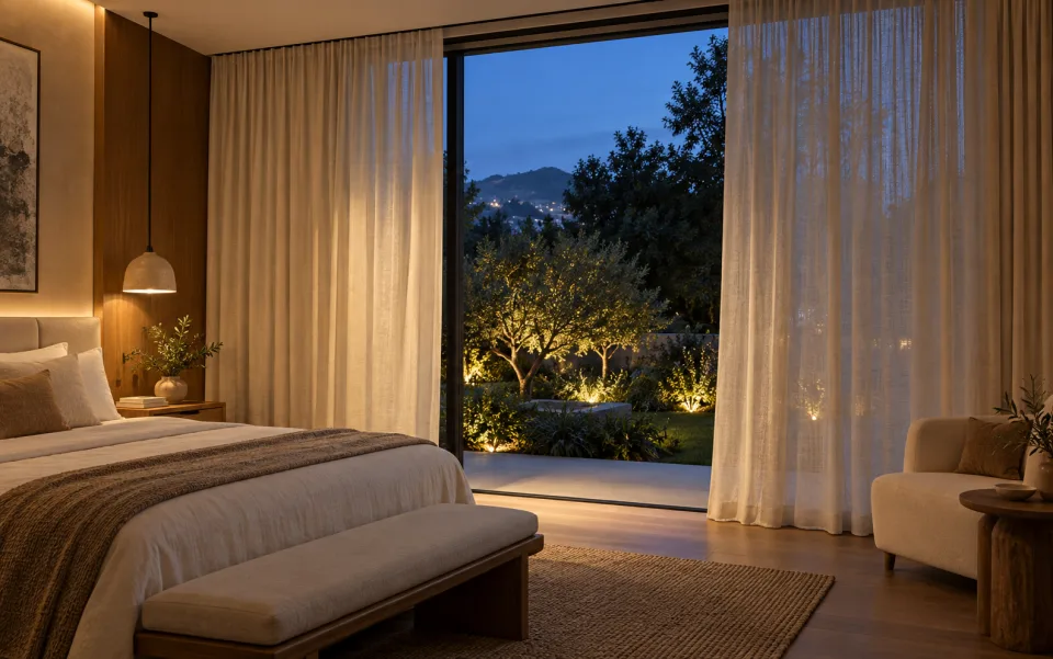 Dormitorio con cortinas de lino y vista al jardín al anochecer