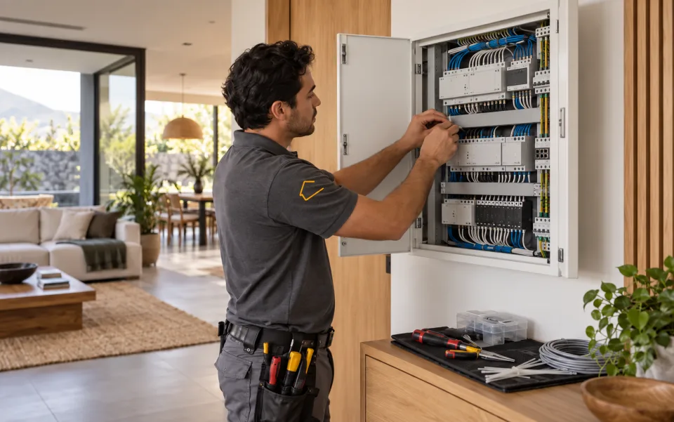Técnico instalando un panel de automatización modular en una vivienda