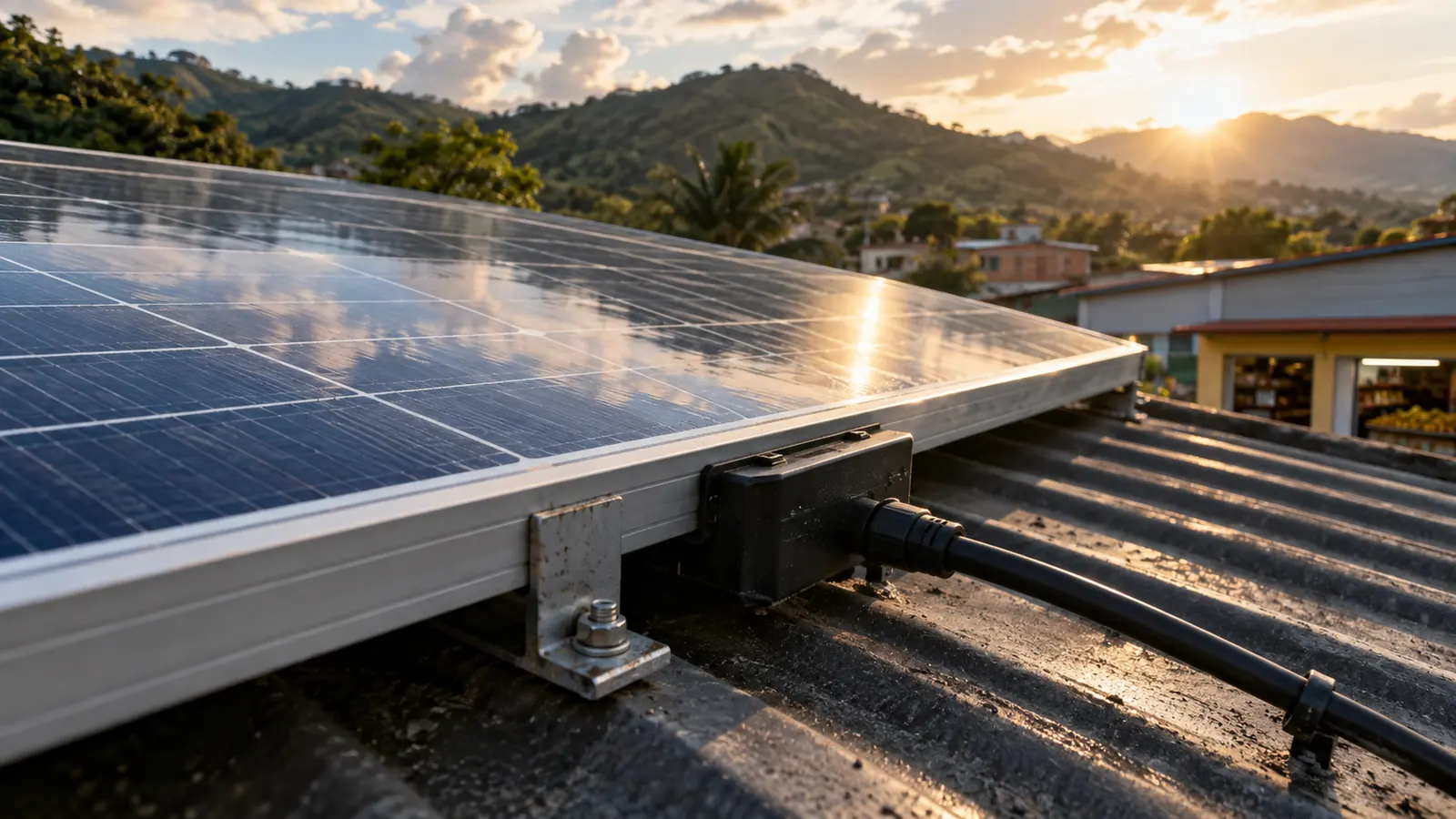 Panel solar instalado sobre un techo al atardecer, con montañas al fondo