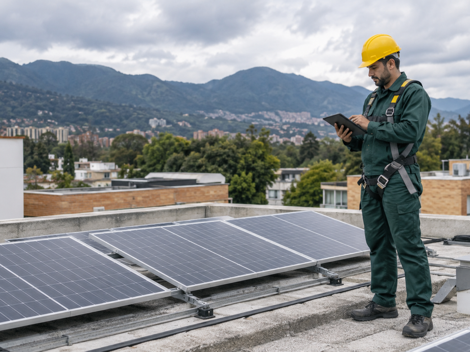 Técnico evaluando el espacio para una instalación solar en una cubierta urbana