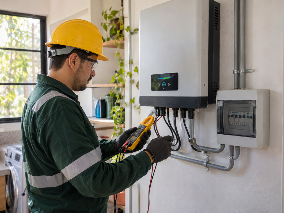 Técnico revisando un inversor y las conexiones de un sistema solar