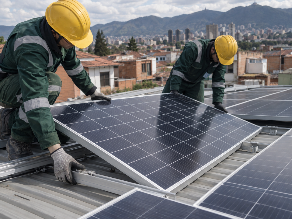 Instaladores montando un panel fotovoltaico sobre la estructura de una cubierta